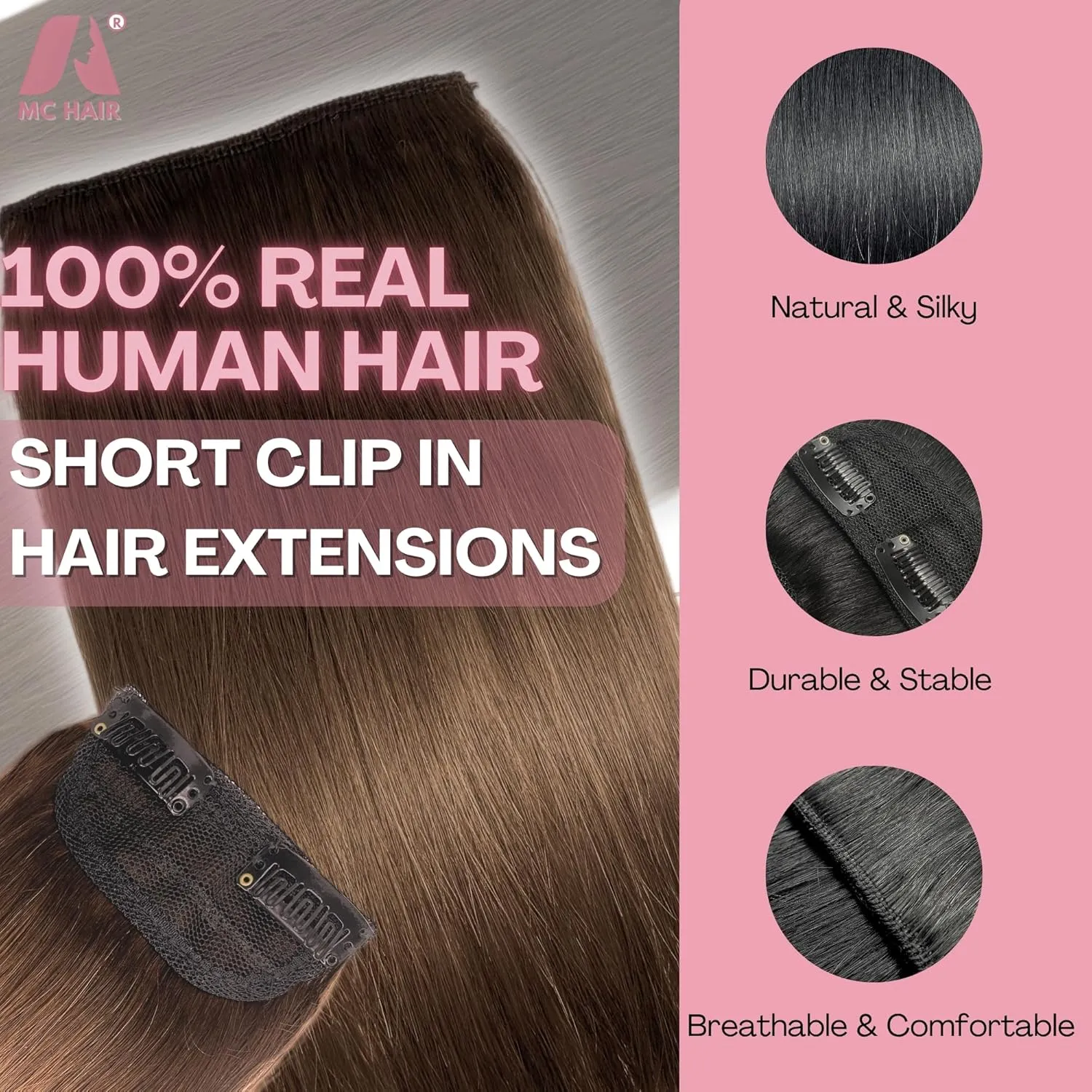 2 Pcs Short Hair Extensions, Real Hair Clip in Extensions Hair Human for Women 6 inch Chocolate Brown