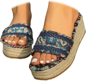 2025 Women's Ethnic Style Thick Sole Woven Holiday Slippers, Hemp Rope Platform Slippers, Boho Ladies Braided Slippers, Flatform Open Toe Beach Sandals