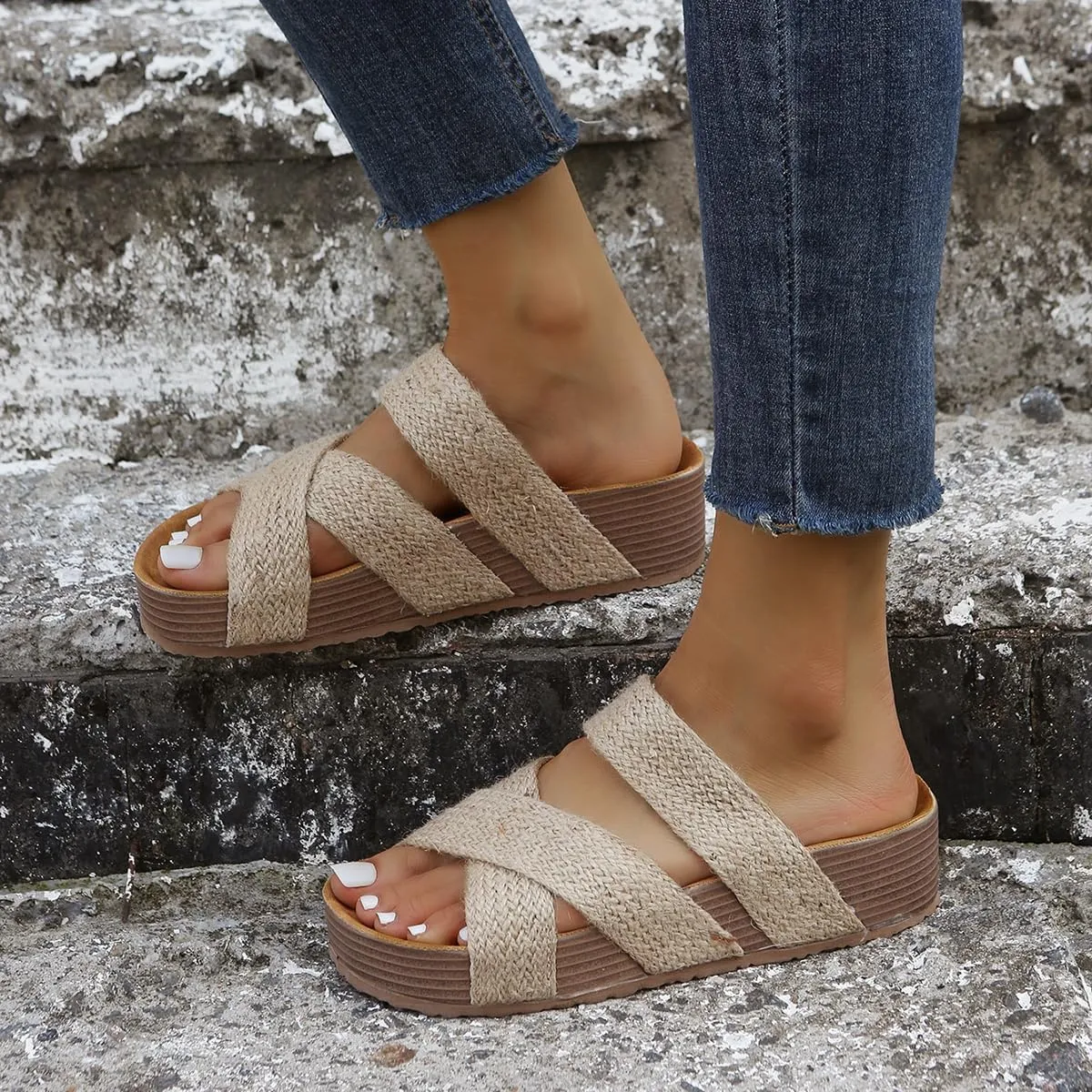 2025 Women'S Platform Sandals Flat Shoes Fashion Casual Hollow Open Toe Comfortable and Lightweight Outdoor Slippers