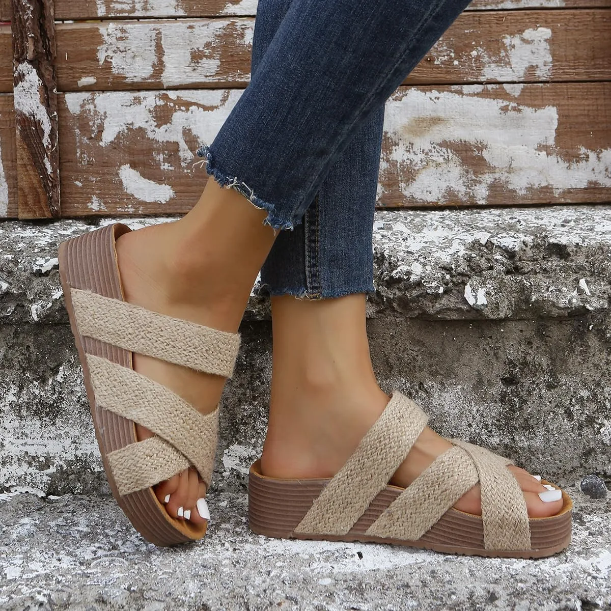 2025 Women'S Platform Sandals Flat Shoes Fashion Casual Hollow Open Toe Comfortable and Lightweight Outdoor Slippers