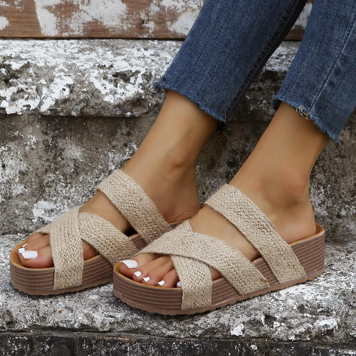 2025 Women'S Platform Sandals Flat Shoes Fashion Casual Hollow Open Toe Comfortable and Lightweight Outdoor Slippers