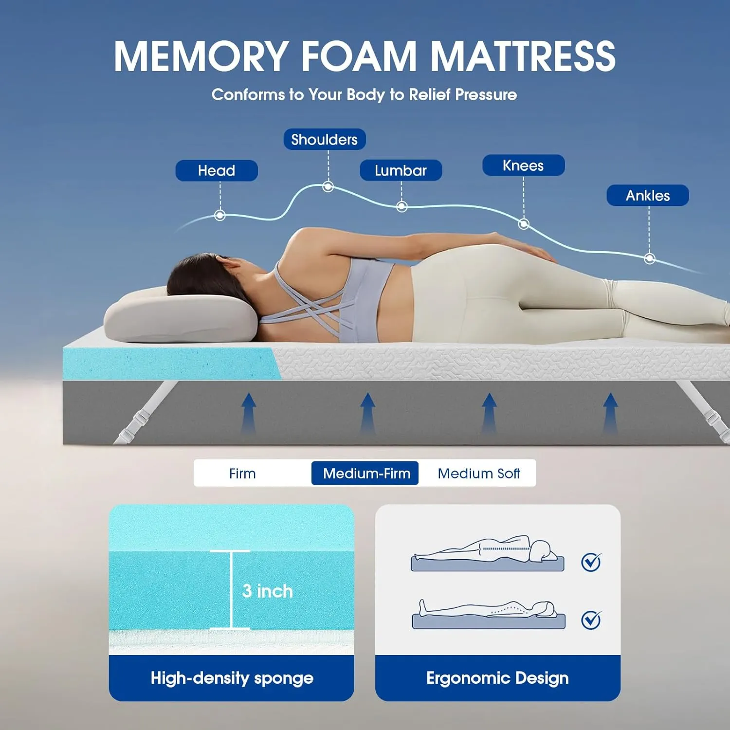 3 Inch Gel Memory Foam Mattress Topper Queen, Soft & Breathable Bed Topper for Pressure Relief, Non-Slip Design with Removable & Washable Cover, CertiPUR-US Certified