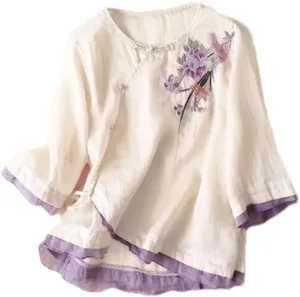 3/4 Sleeve Cotton Linen Shirts for Women 2025 Summer Retro Embroidered Boho Tops Dressy Casual Trendy Vacation Blouse