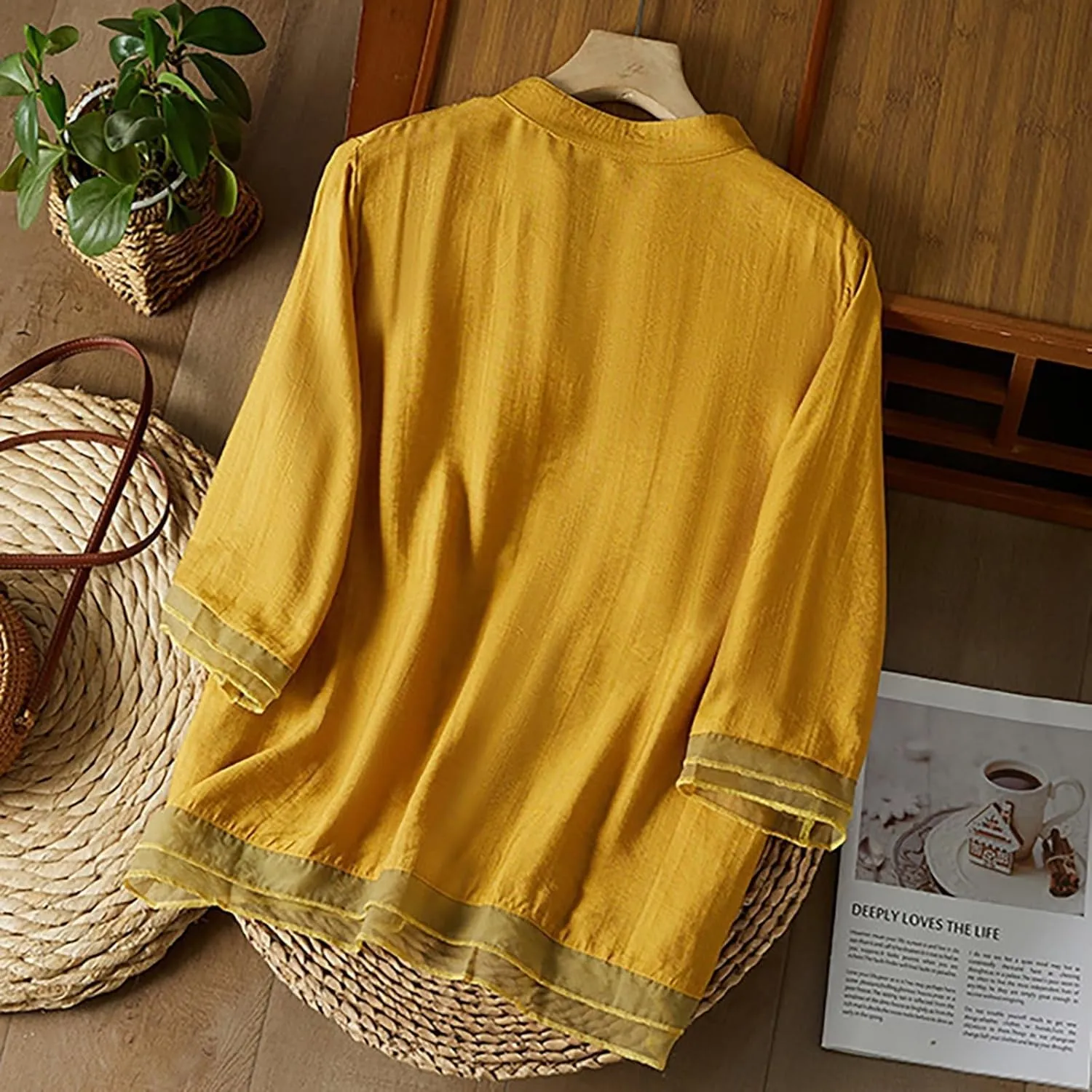 3/4 Sleeve Cotton Linen Shirts for Women 2025 Summer Retro Embroidered Boho Tops Dressy Casual Trendy Vacation Blouse
