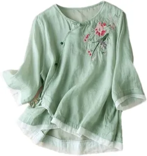 3/4 Sleeve Cotton Linen Shirts for Women 2025 Summer Retro Embroidered Boho Tops Dressy Casual Trendy Vacation Blouse