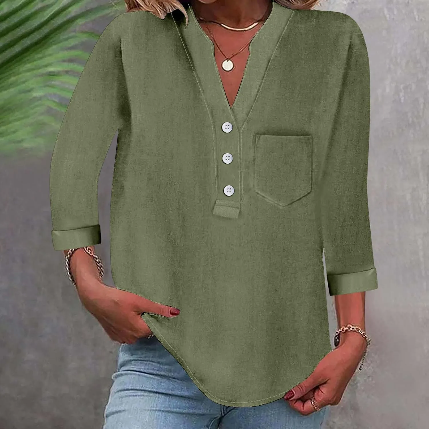 3/4 Sleeve Linen Tops for Women Loose Fit V Neck Button Down Henley Shirts Cute Summer Beach Tee Shirts with Pocket