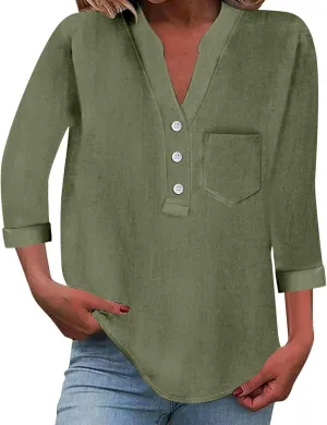 3/4 Sleeve Linen Tops for Women Loose Fit V Neck Button Down Henley Shirts Cute Summer Beach Tee Shirts with Pocket