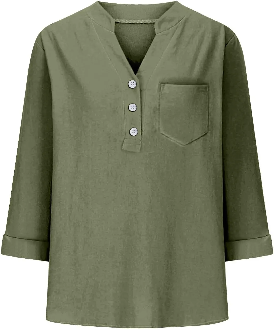 3/4 Sleeve Linen Tops for Women Loose Fit V Neck Button Down Henley Shirts Cute Summer Beach Tee Shirts with Pocket