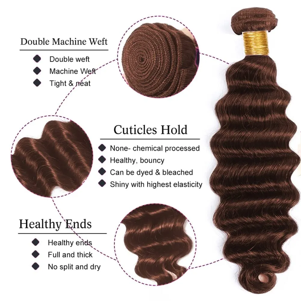 #4 Brown Bundles Human Hair Deep Wave Bundles 12 14 16 Inch Chocolate Unprocessed Brazilian Virgin Hair 3 Bundle 50 Gram Per Bundle Deals Quick Weave Hair Extensions