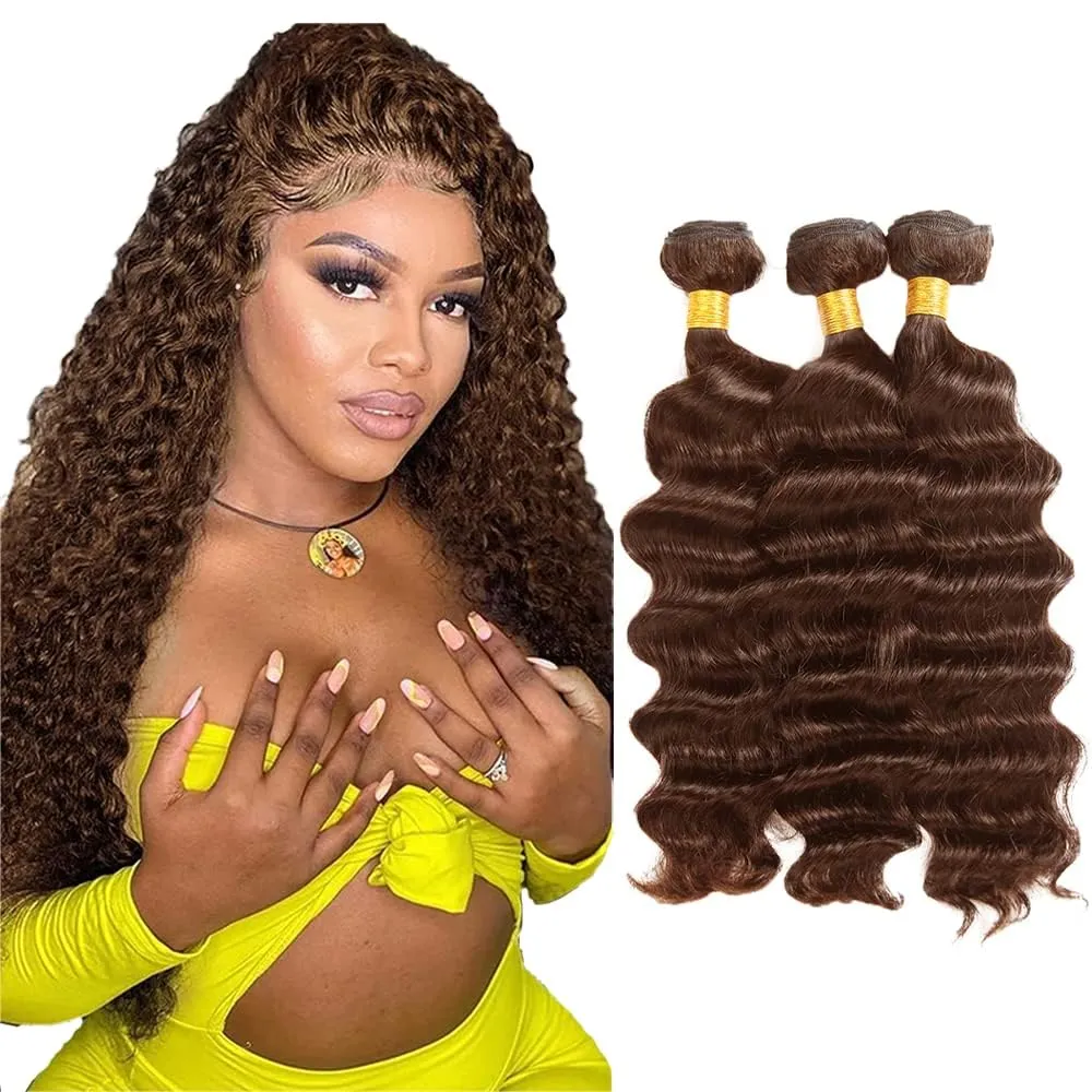#4 Brown Bundles Human Hair Deep Wave Bundles 24 26 28 Inch Chocolate Unprocessed Brazilian Virgin Hair 3 Bundle 50 Gram Per Bundle Deals Quick Weave Hair Extensions