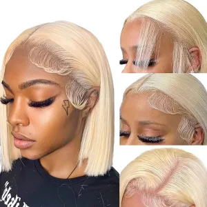 613 Blonde Bob Wig Virgin Human Hair 13x4 HD Lace Front Wig - 210% Density Glueless Pre-Plucked with Baby Hair, Brazilian Virgin Remy Short Straight Wigs for Women (10 Inch)