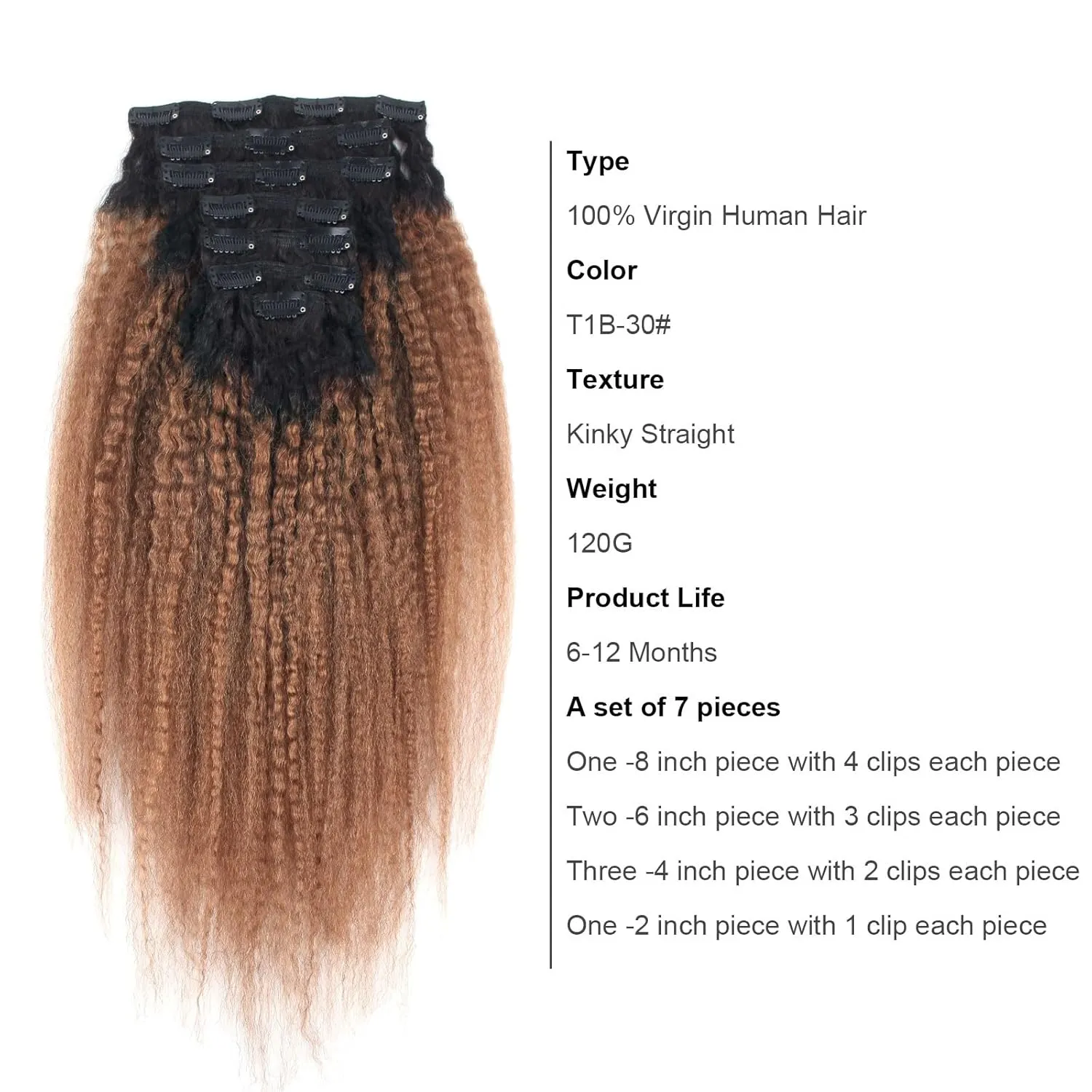 ABH AMAZINGBEAUTY HAIR Kinky Straight Ombre Clip in Hair Extensions for Black Women Remy Human Hair 120 Gram Natural Blcak Fading into Light Auburn TN30, 17 Clips with 7 Pieces 14 Inch