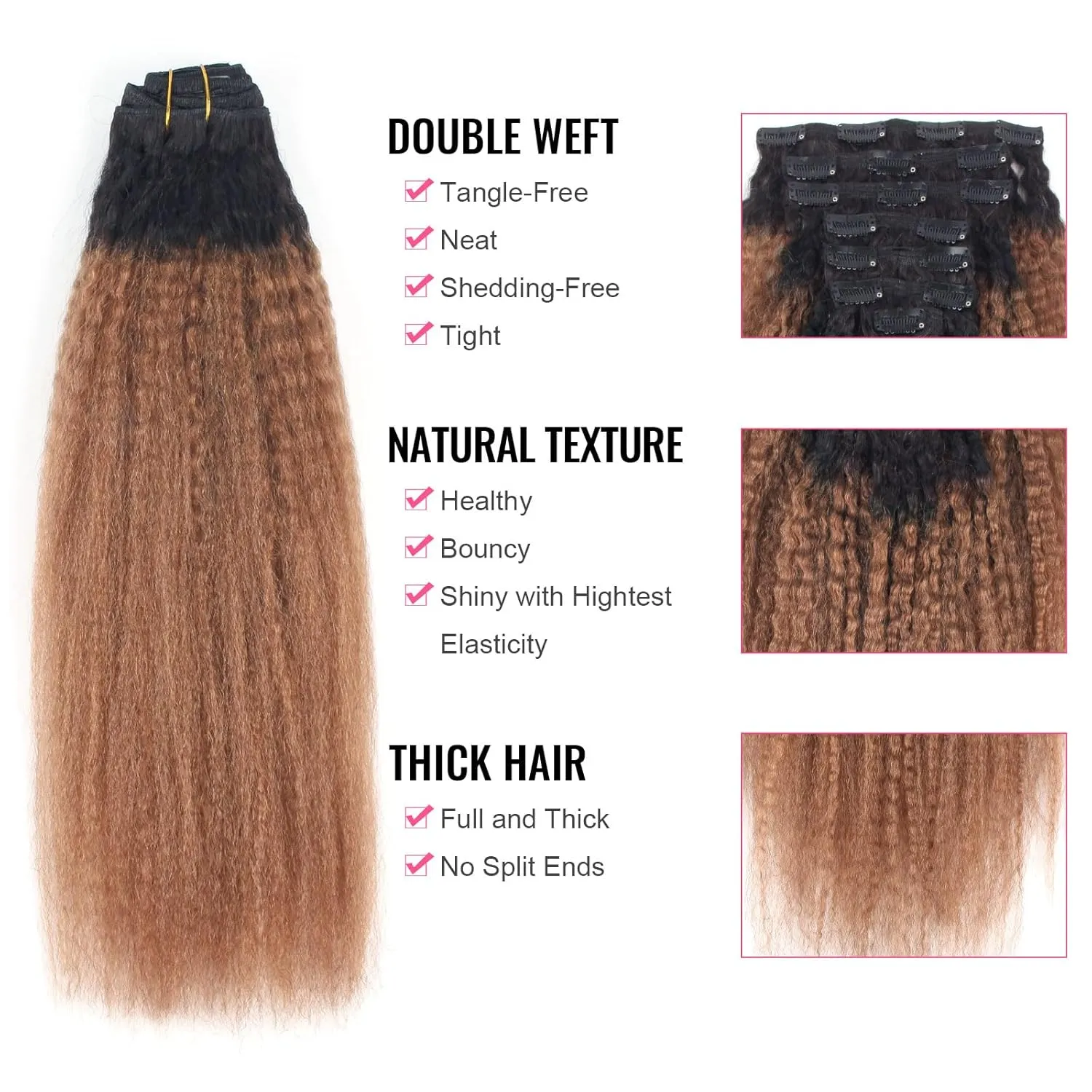 ABH AMAZINGBEAUTY HAIR Kinky Straight Ombre Clip in Hair Extensions for Black Women Remy Human Hair 120 Gram Natural Blcak Fading into Light Auburn TN30, 17 Clips with 7 Pieces 14 Inch