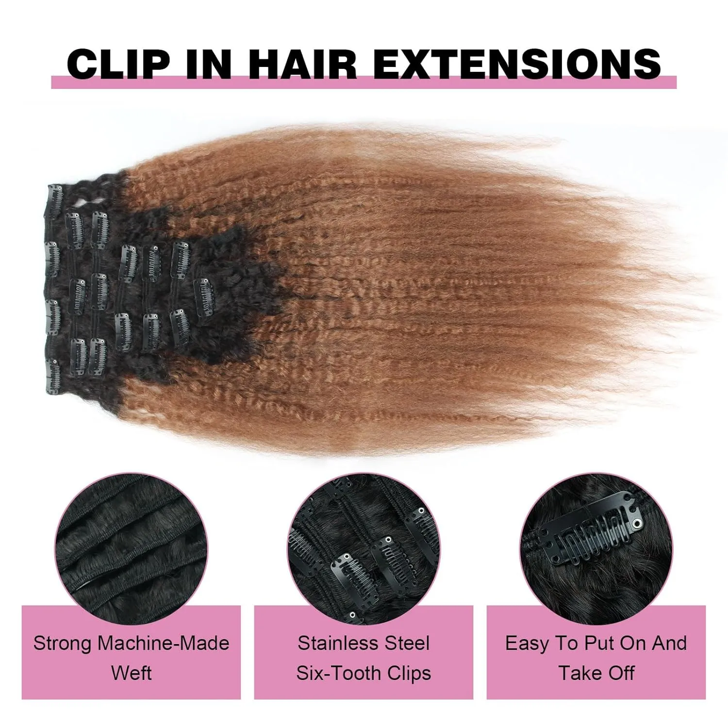 ABH AMAZINGBEAUTY HAIR Kinky Straight Ombre Clip in Hair Extensions for Black Women Remy Human Hair 120 Gram Natural Blcak Fading into Light Auburn TN30, 17 Clips with 7 Pieces 14 Inch