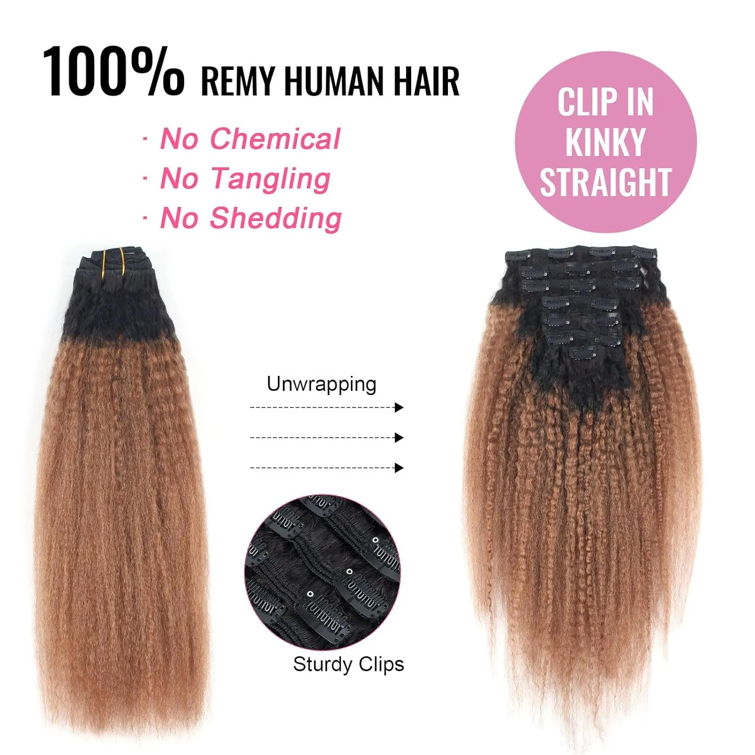 ABH AMAZINGBEAUTY HAIR Kinky Straight Ombre Clip in Hair Extensions for Black Women Remy Human Hair 120 Gram Natural Blcak Fading into Light Auburn TN30, 17 Clips with 7 Pieces 14 Inch