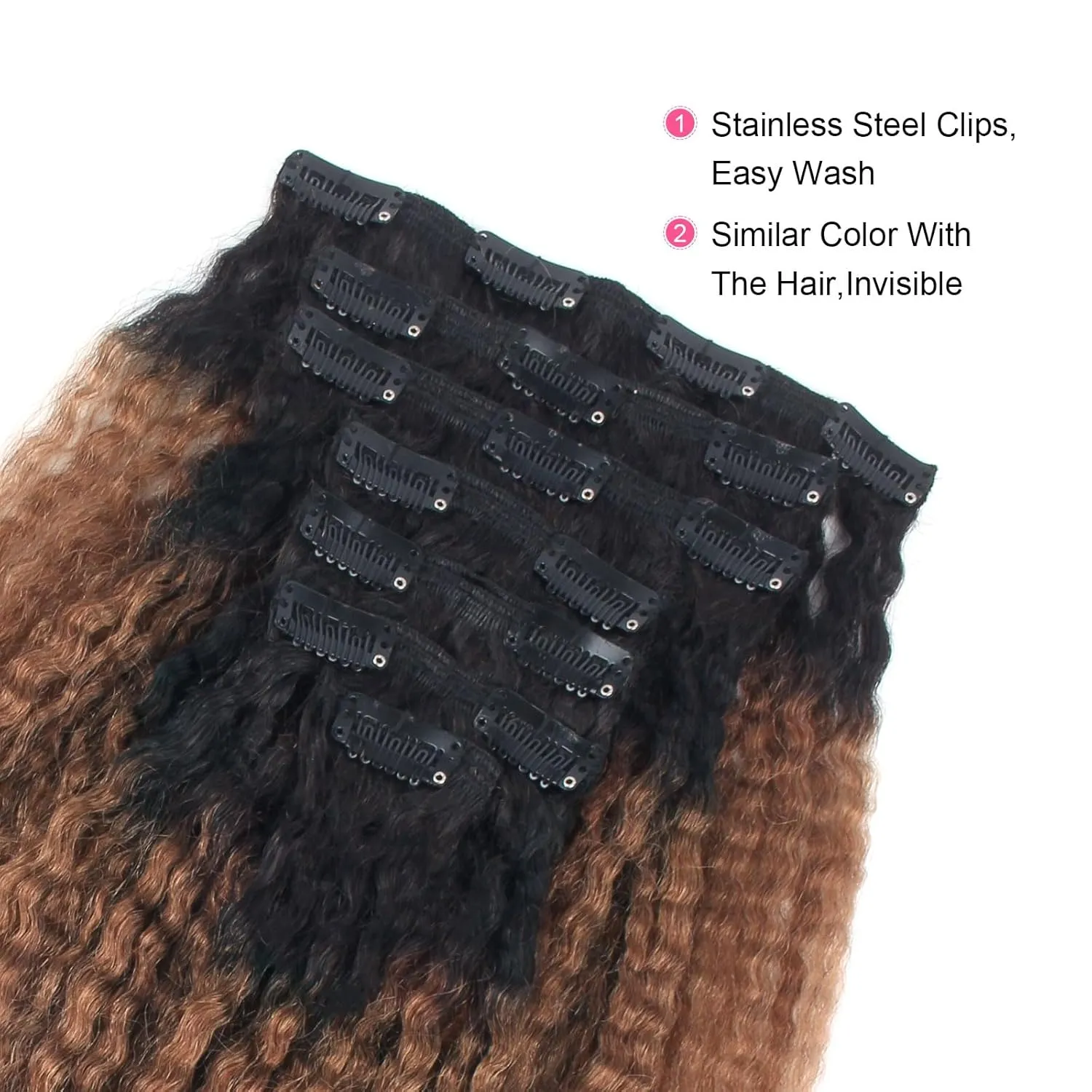 ABH AMAZINGBEAUTY HAIR Kinky Straight Ombre Clip in Hair Extensions for Black Women Remy Human Hair 120 Gram Natural Blcak Fading into Light Auburn TN30, 17 Clips with 7 Pieces 14 Inch