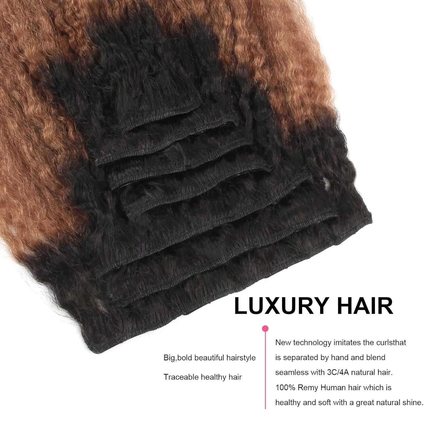 ABH AMAZINGBEAUTY HAIR Kinky Straight Ombre Clip in Hair Extensions for Black Women Remy Human Hair 120 Gram Natural Blcak Fading into Light Auburn TN30, 17 Clips with 7 Pieces 14 Inch