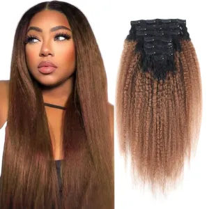 ABH AMAZINGBEAUTY HAIR Kinky Straight Ombre Clip in Hair Extensions for Black Women Remy Human Hair 120 Gram Natural Blcak Fading into Light Auburn TN30, 17 Clips with 7 Pieces 14 Inch