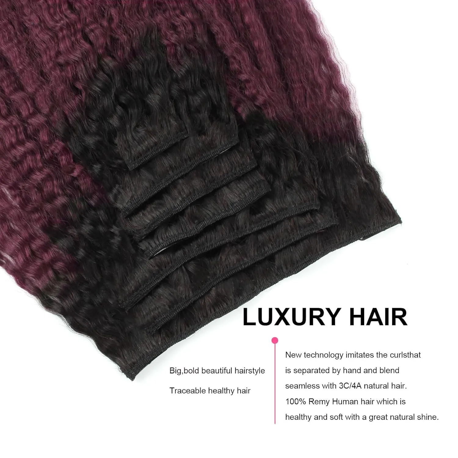 ABH AMAZINGBEAUTY HAIR Kinky Straight Ombre Human Hair Clip in Extensions Double Weft Real Remy Human Hair for Black Women Natural Black Fading Iinto Cherry Wine 7 Pieces 120 Grams KS TN-99J, 16 Inch