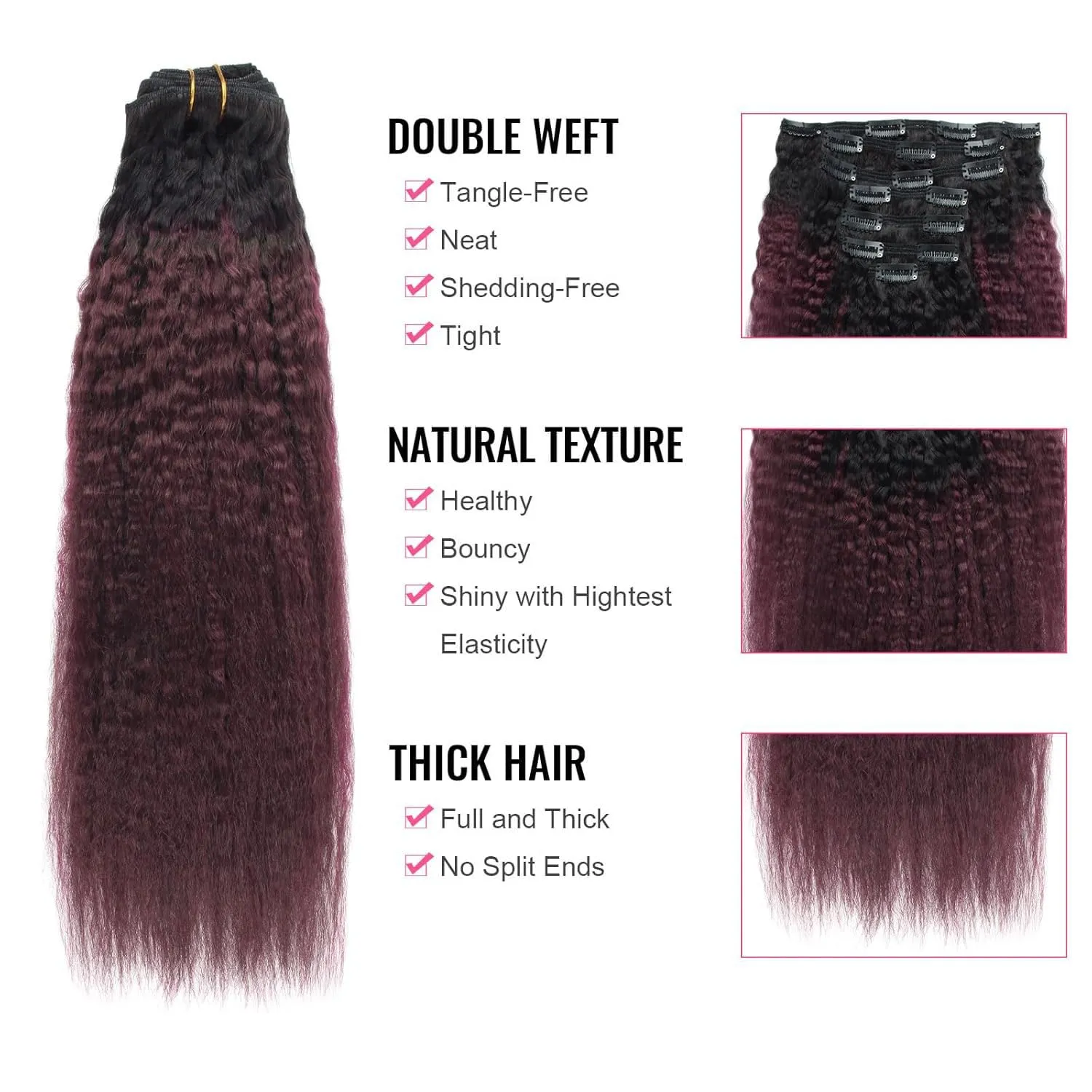 ABH AMAZINGBEAUTY HAIR Kinky Straight Ombre Human Hair Clip in Extensions Double Weft Real Remy Human Hair for Black Women Natural Black Fading Iinto Cherry Wine 7 Pieces 120 Grams KS TN-99J, 16 Inch
