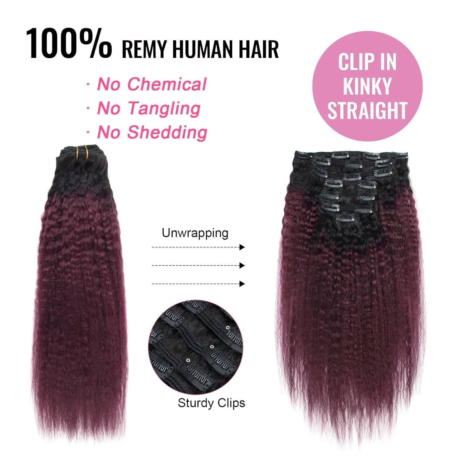 ABH AMAZINGBEAUTY HAIR Kinky Straight Ombre Human Hair Clip in Extensions Double Weft Real Remy Human Hair for Black Women Natural Black Fading Iinto Cherry Wine 7 Pieces 120 Grams KS TN-99J, 16 Inch