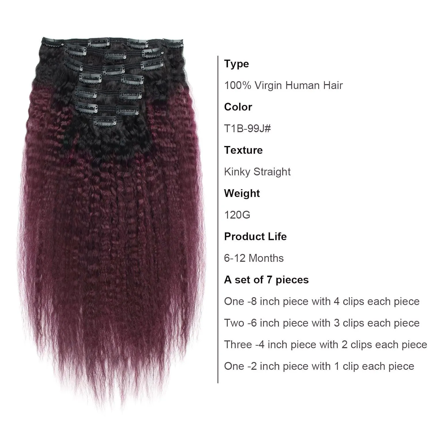 ABH AMAZINGBEAUTY HAIR Kinky Straight Ombre Human Hair Clip in Extensions Double Weft Real Remy Human Hair for Black Women Natural Black Fading Iinto Cherry Wine 7 Pieces 120 Grams KS TN-99J, 16 Inch