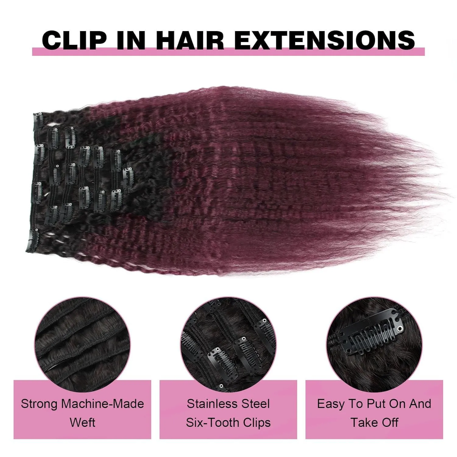 ABH AMAZINGBEAUTY HAIR Kinky Straight Ombre Human Hair Clip in Extensions Double Weft Real Remy Human Hair for Black Women Natural Black Fading Iinto Cherry Wine 7 Pieces 120 Grams KS TN-99J, 16 Inch