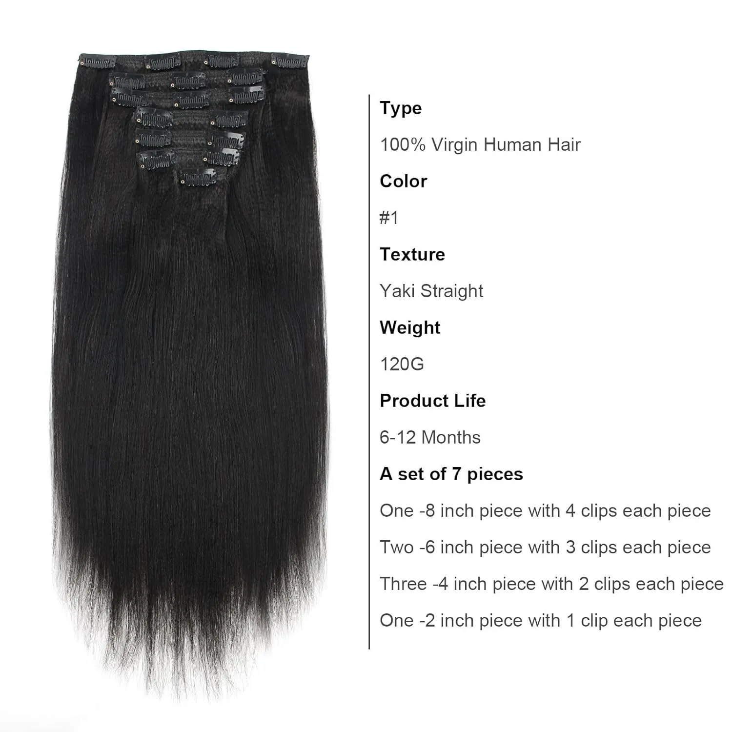 ABH AMAZINGBEAUTY HAIR Real Remy Thick Yaki Straight Clip Ins Black Hair Extensions for African American Relaxed Hair 7 Pieces 120 Gram Per Set, 16 Inch