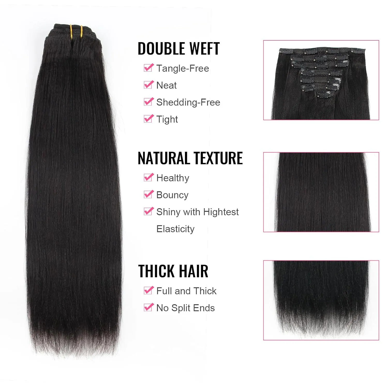ABH AMAZINGBEAUTY HAIR Real Remy Thick Yaki Straight Clip Ins Black Hair Extensions for African American Relaxed Hair 7 Pieces 120 Gram Per Set, 16 Inch