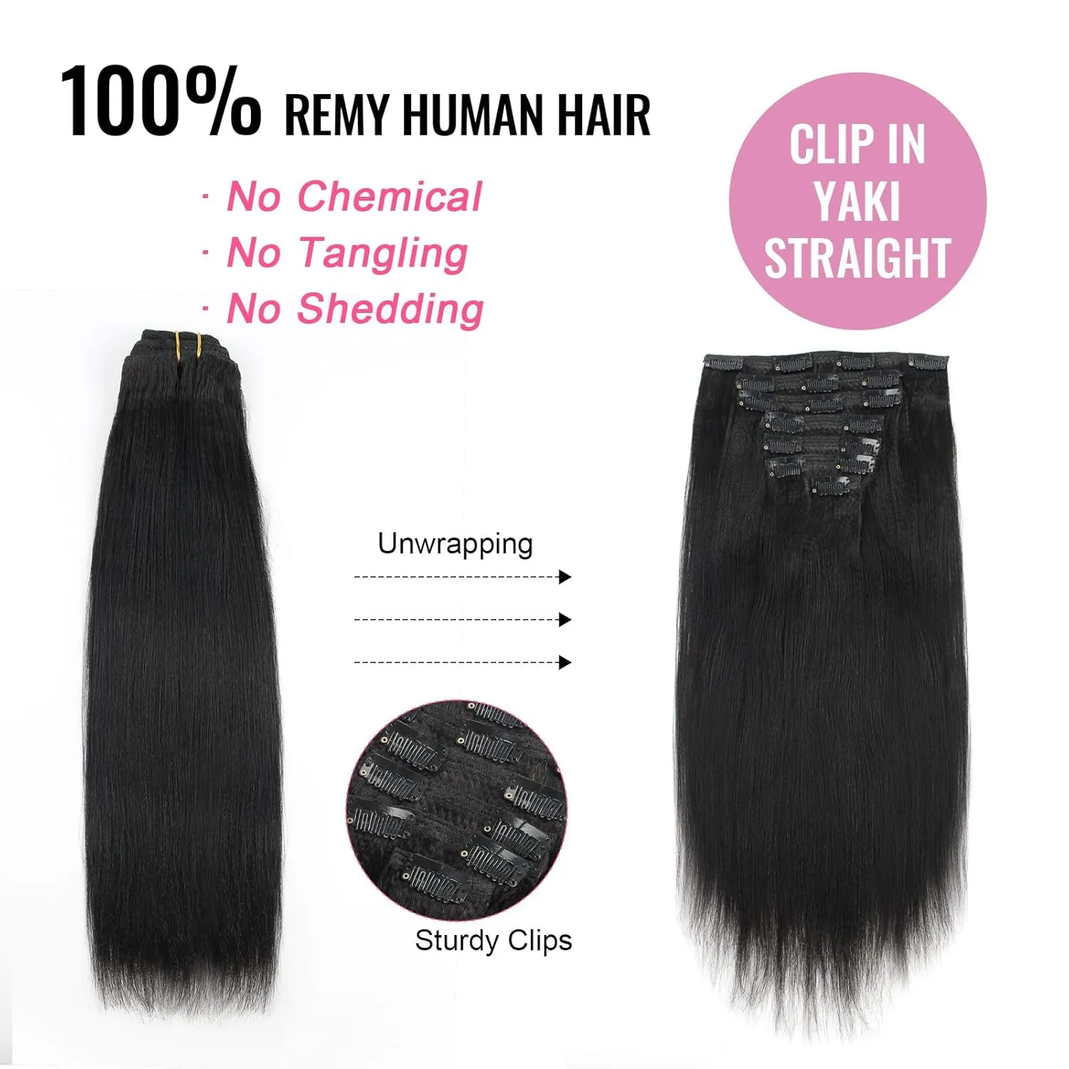 ABH AMAZINGBEAUTY HAIR Real Remy Thick Yaki Straight Clip Ins Black Hair Extensions for African American Relaxed Hair 7 Pieces 120 Gram Per Set, 16 Inch