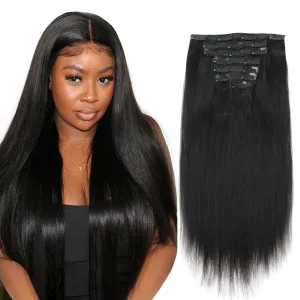 ABH AMAZINGBEAUTY HAIR Real Remy Thick Yaki Straight Clip Ins Black Hair Extensions for African American Relaxed Hair 7 Pieces 120 Gram Per Set, 16 Inch