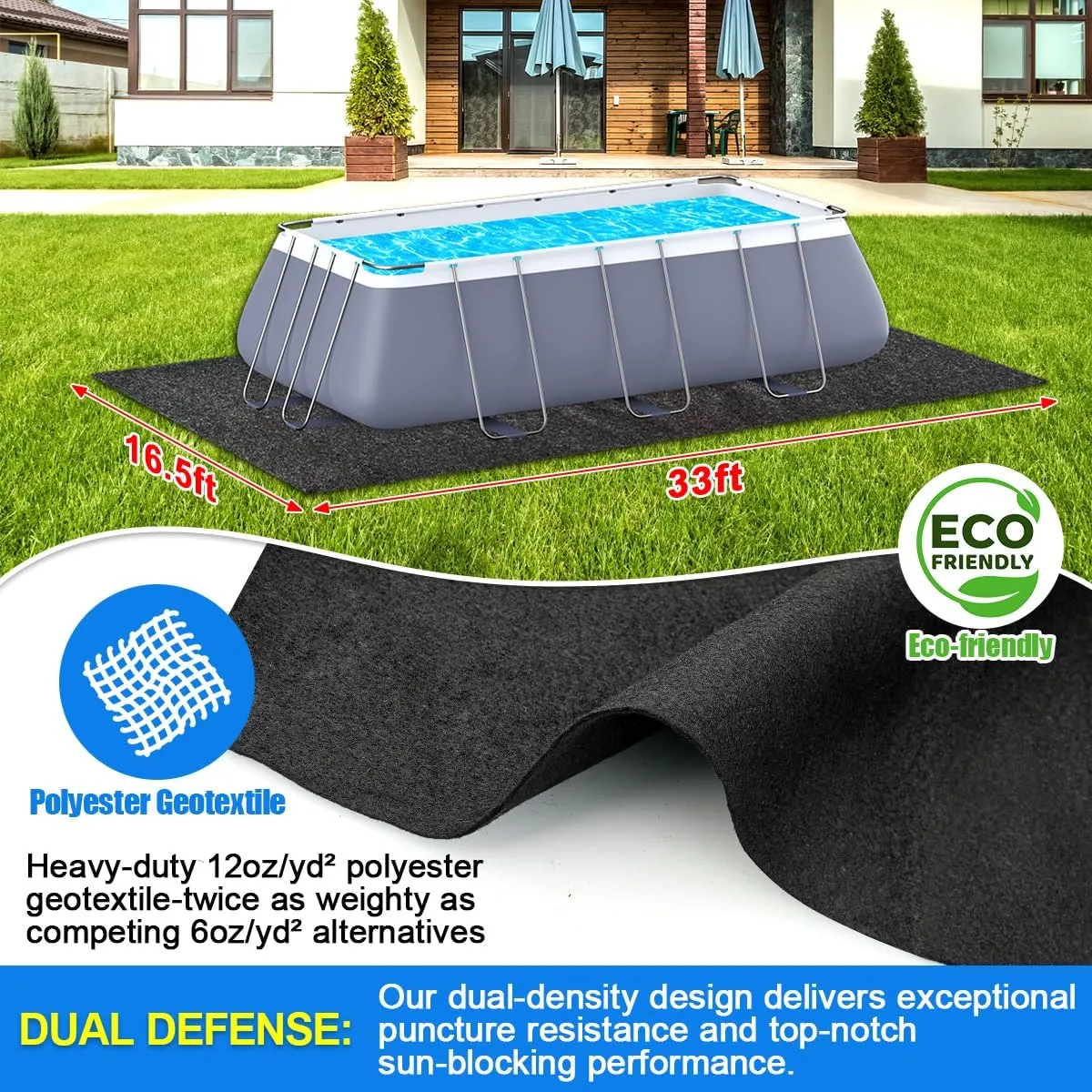 Abimars Thicker Pool Liner Pad for Above Ground Swimming Pools, 16.5’x 33’ Rectangular Pool Mat for Pool Bottom, Seamless Comfort, Double Density Puncture Resistant, Black
