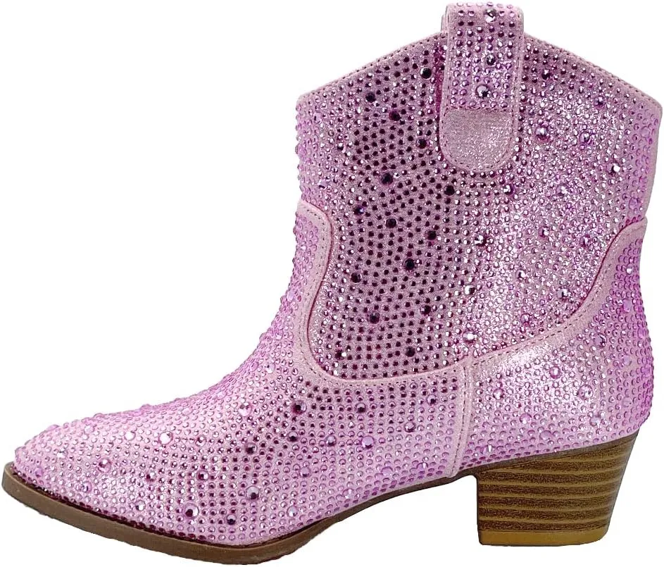 ABSOLEX Girl's Rhinestone Block Chunky Heel Ankle Bootie