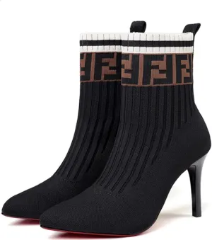 Aflngle Women's Sexy Pointed Toe Stiletto High Heel Ankle Boots Fashion Elastic Knitted Fabric Short Long Sock Heels Comfy Mid Calf Booties