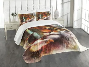 Ambesonne Tiger Bedspread Set, Various of Nature Large Bengal Cat Bald Eagle Butterfly on Vibrant Backdrop, 3 Piece Decorative Bedding Coverlet and 2 Pillow Shams, Queen Size, Paprika Green Eggshell