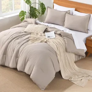Andency King Size Comforter Set - 7 Pieces Bed in a Bag King Bedding Comforter Sets Oatmeal, Winter Solid Soft Lightweight Comforter with Fitted Sheets, Flat Sheets, Pillowcases & Shams
