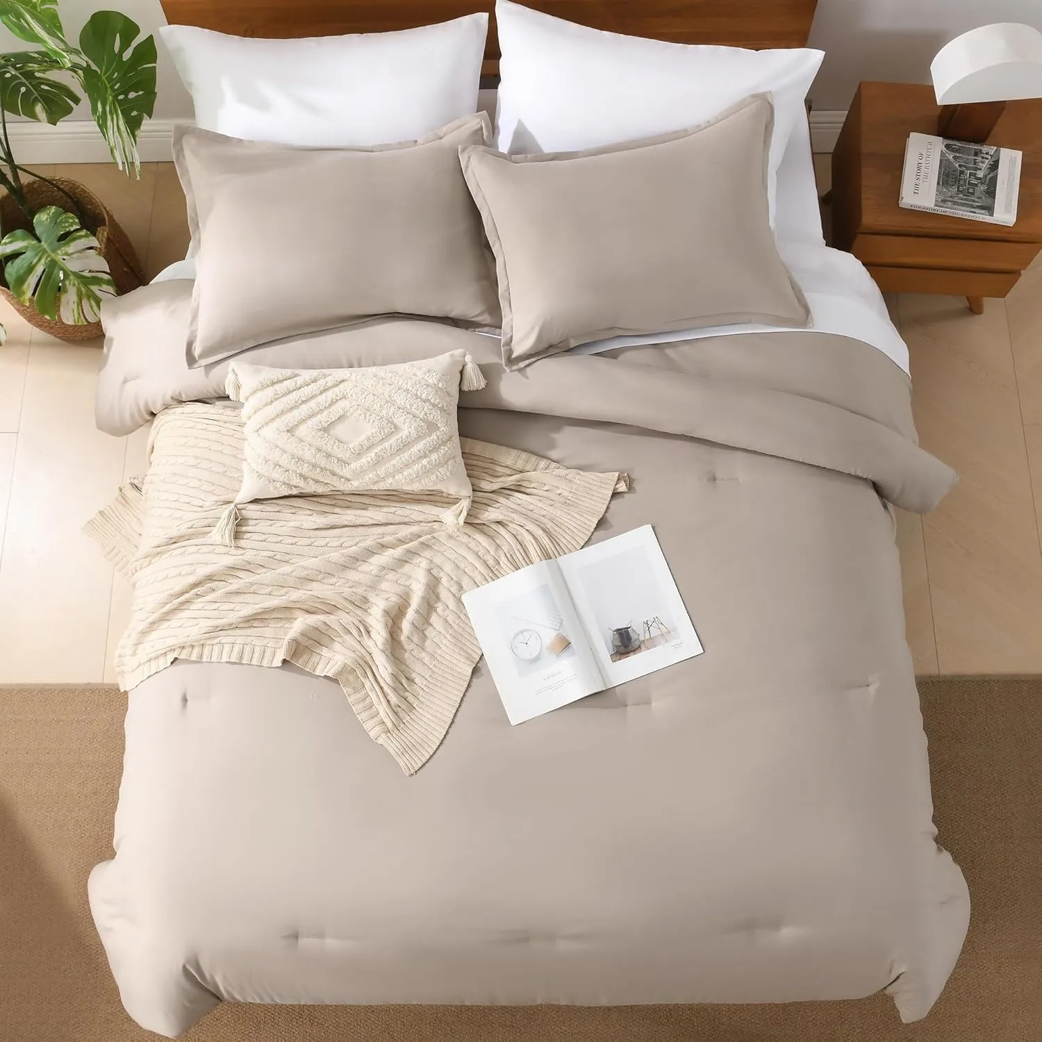 Andency King Size Comforter Set - 7 Pieces Bed in a Bag King Bedding Comforter Sets Oatmeal, Winter Solid Soft Lightweight Comforter with Fitted Sheets, Flat Sheets, Pillowcases & Shams