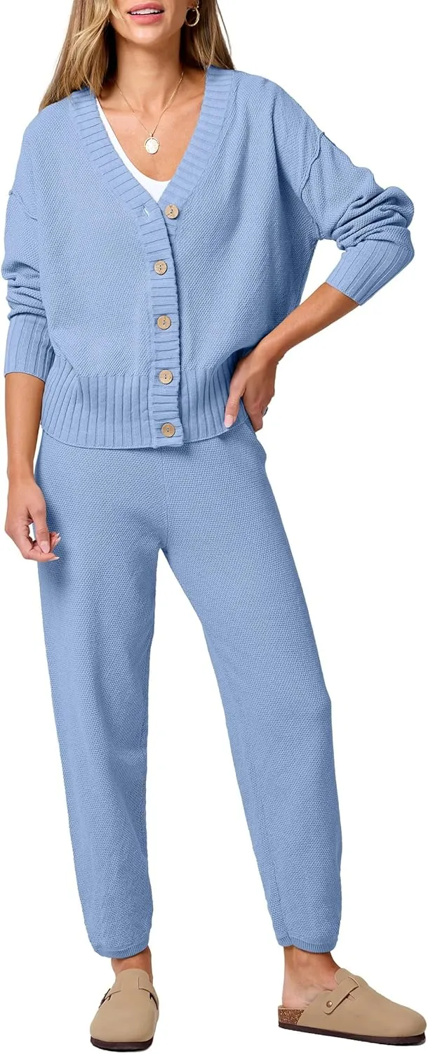 ANRABESS Women 2 Piece Outfits Waffle Knit Long Sleeve Cardigan Set Casual Sweater Pants Lounge Sets 2024 Fall Clothes