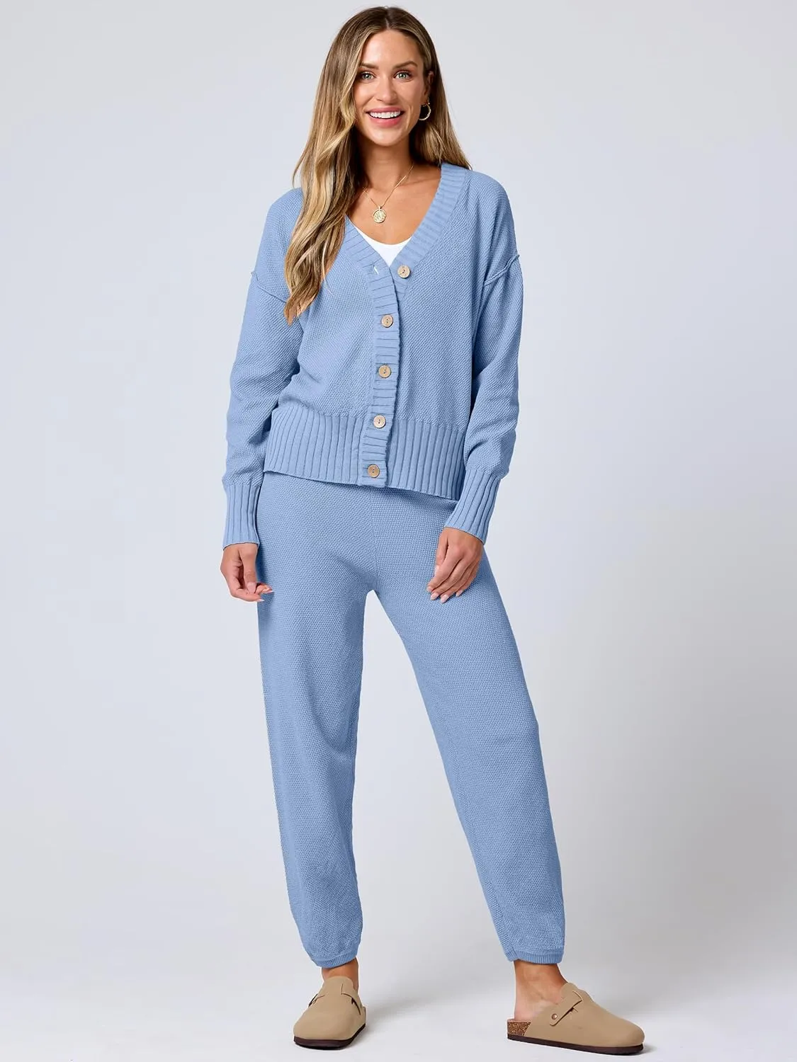 ANRABESS Women 2 Piece Outfits Waffle Knit Long Sleeve Cardigan Set Casual Sweater Pants Lounge Sets 2024 Fall Clothes