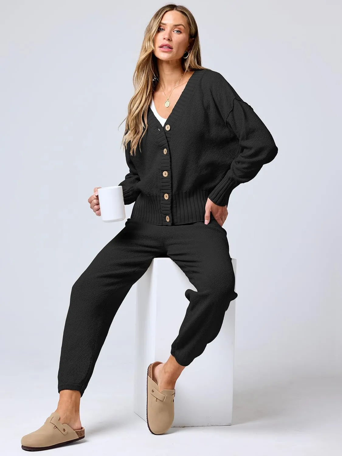 ANRABESS Women 2 Piece Outfits Waffle Knit Long Sleeve Cardigan Set Casual Sweater Pants Lounge Sets 2024 Fall Clothes