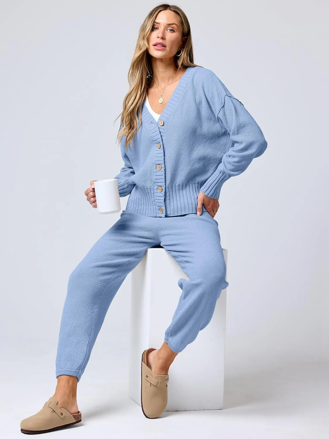 ANRABESS Women 2 Piece Outfits Waffle Knit Long Sleeve Cardigan Set Casual Sweater Pants Lounge Sets 2024 Fall Clothes