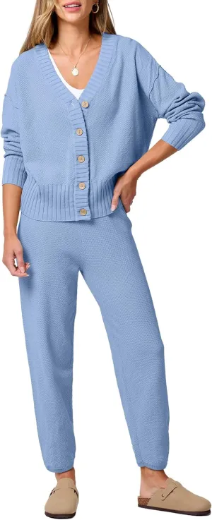 ANRABESS Women 2 Piece Outfits Waffle Knit Long Sleeve Cardigan Set Casual Sweater Pants Lounge Sets 2024 Fall Clothes