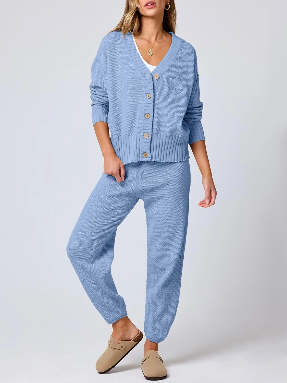 ANRABESS Women 2 Piece Outfits Waffle Knit Long Sleeve Cardigan Set Casual Sweater Pants Lounge Sets 2024 Fall Clothes