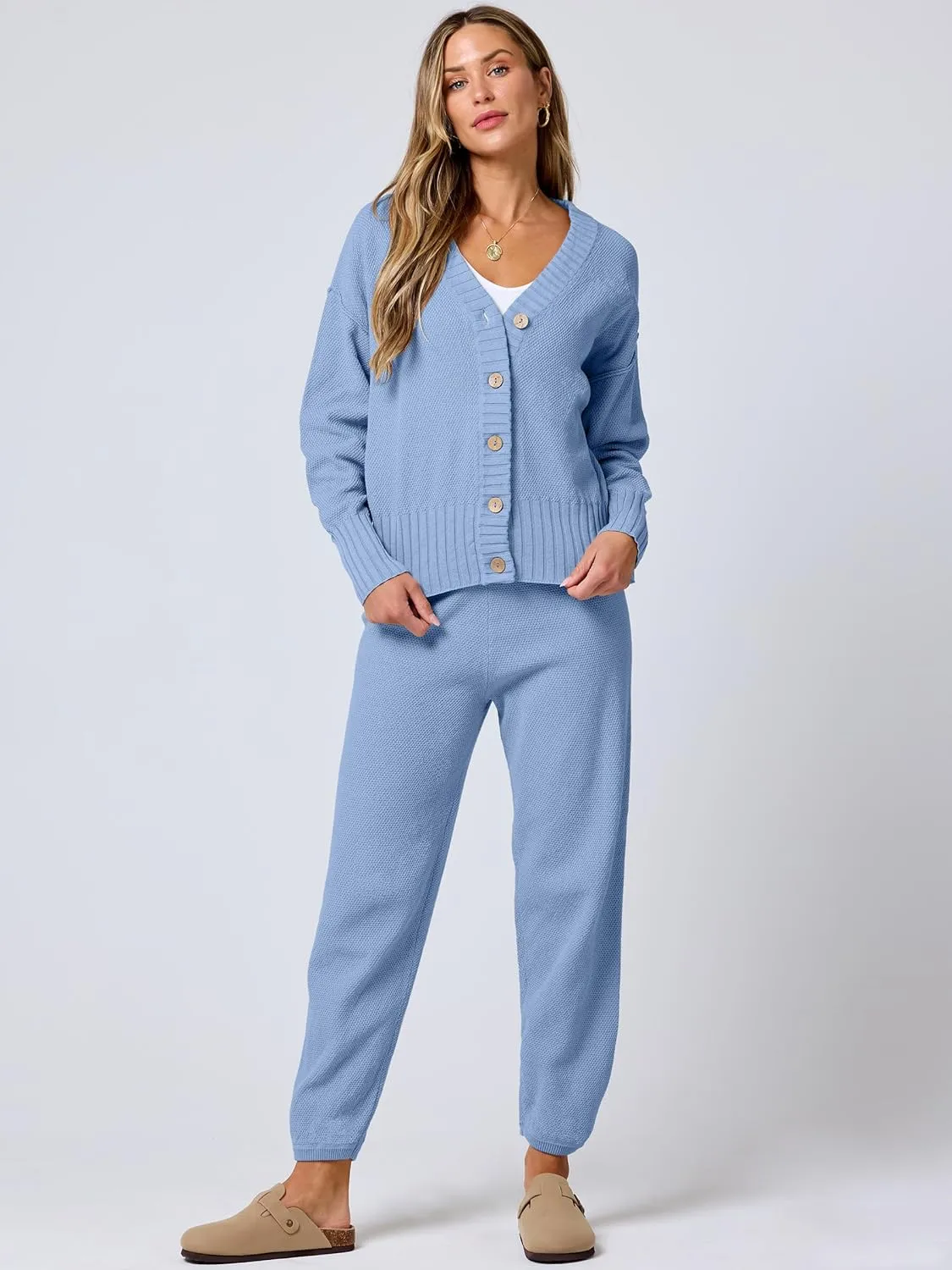 ANRABESS Women 2 Piece Outfits Waffle Knit Long Sleeve Cardigan Set Casual Sweater Pants Lounge Sets 2024 Fall Clothes