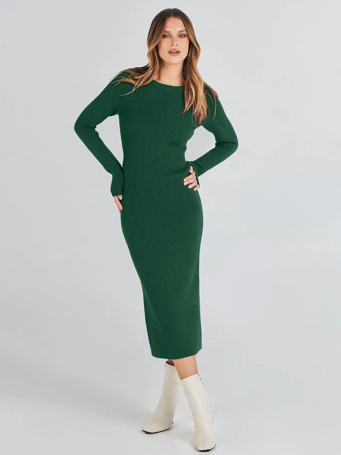 ANRABESS Women Long Sleeve Crewneck Sweater Dress Ribbed Knit Stretch Slim Fit Bodycon Midi Dresses Fall Fashion Outfits