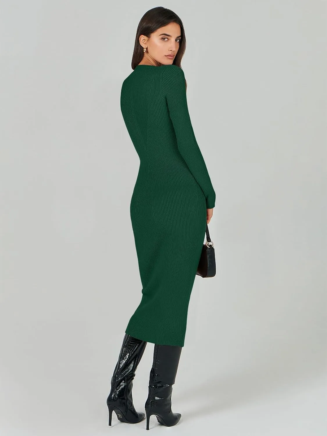 ANRABESS Women Long Sleeve Crewneck Sweater Dress Ribbed Knit Stretch Slim Fit Bodycon Midi Dresses Fall Fashion Outfits