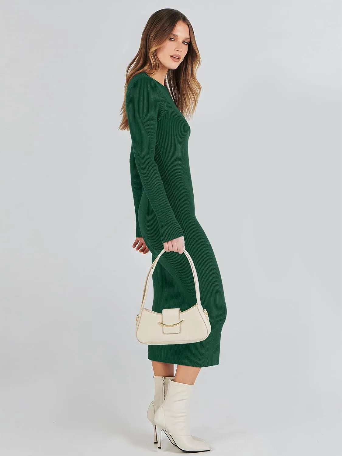 ANRABESS Women Long Sleeve Crewneck Sweater Dress Ribbed Knit Stretch Slim Fit Bodycon Midi Dresses Fall Fashion Outfits