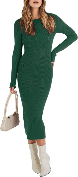 ANRABESS Women Long Sleeve Crewneck Sweater Dress Ribbed Knit Stretch Slim Fit Bodycon Midi Dresses Fall Fashion Outfits