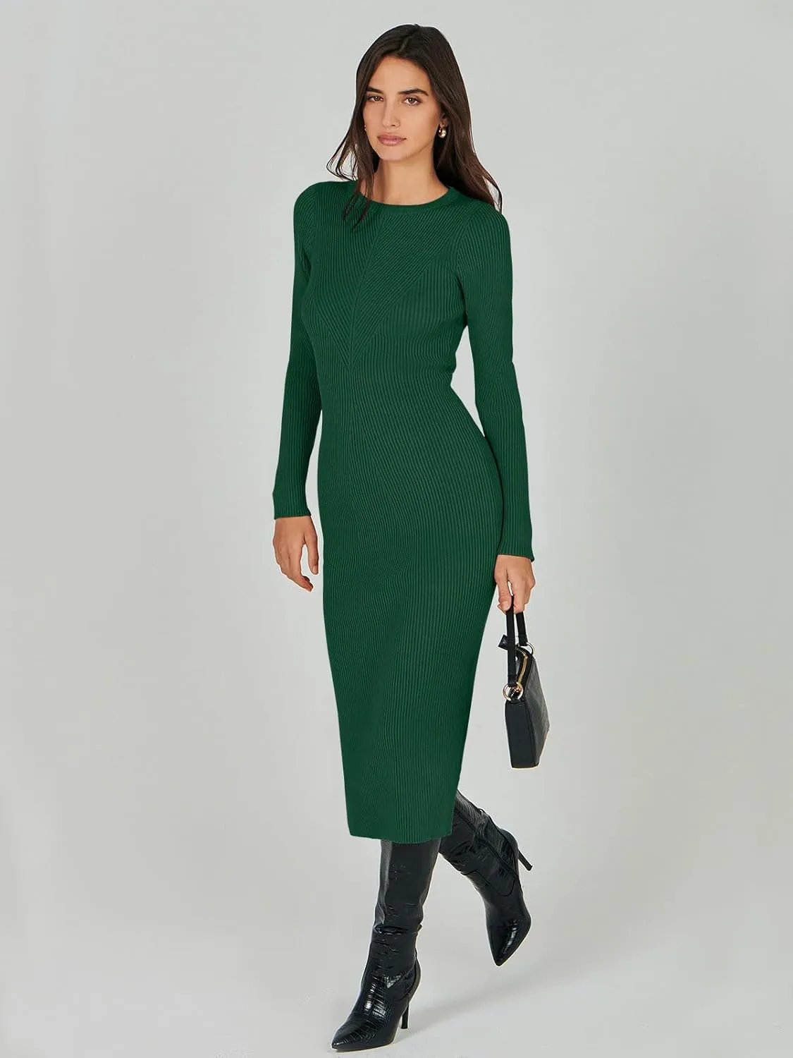 ANRABESS Women Long Sleeve Crewneck Sweater Dress Ribbed Knit Stretch Slim Fit Bodycon Midi Dresses Fall Fashion Outfits