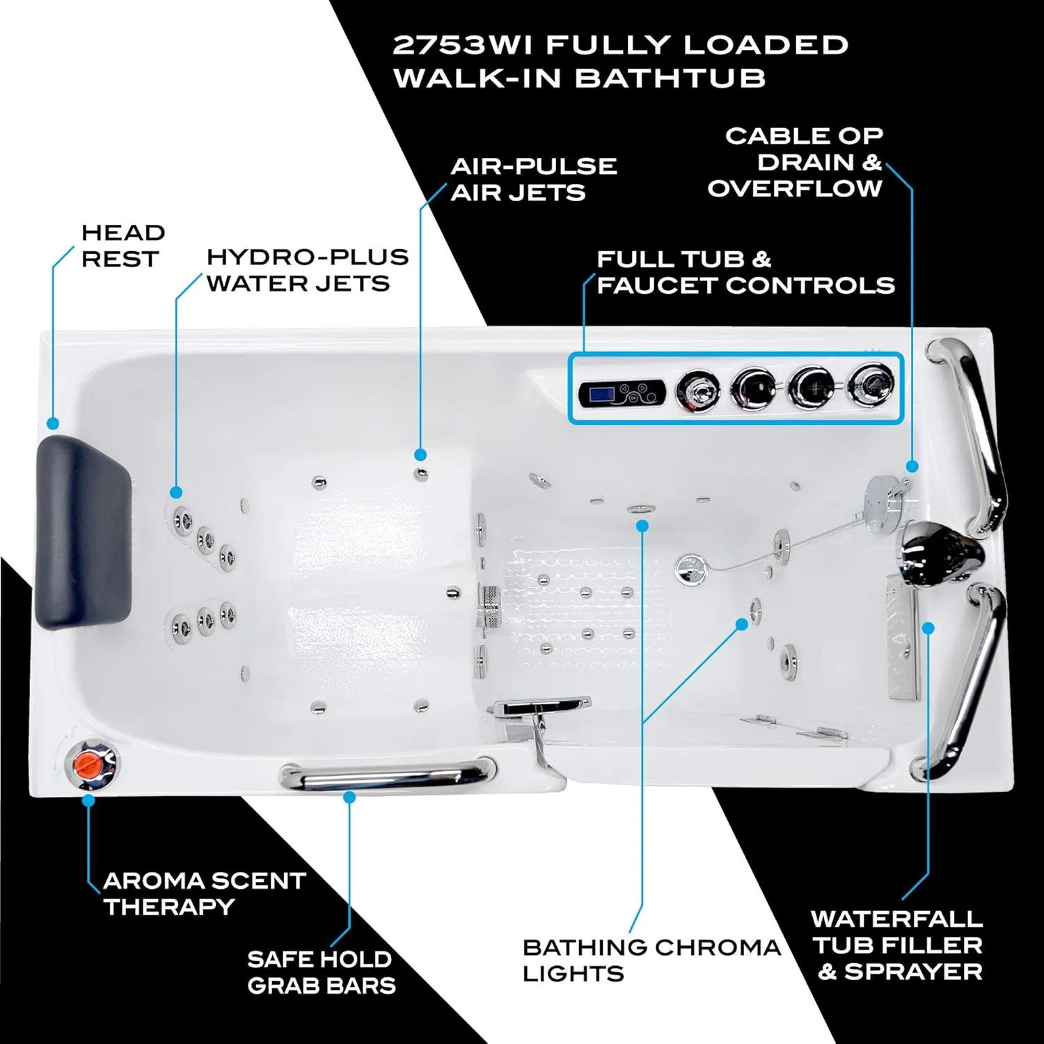 ANZZI Walk In Tub - 27" x 53" Right Drain, Fully Loaded Hot Tub with Air & Whirlpool Massage Jets, Quick Fill, 6 Setting Handheld Shower, Aromatherapy, Bath Pillow, LED Light